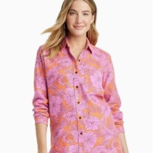 Pink and Orange Linen  Floral Button-Up Shirt
